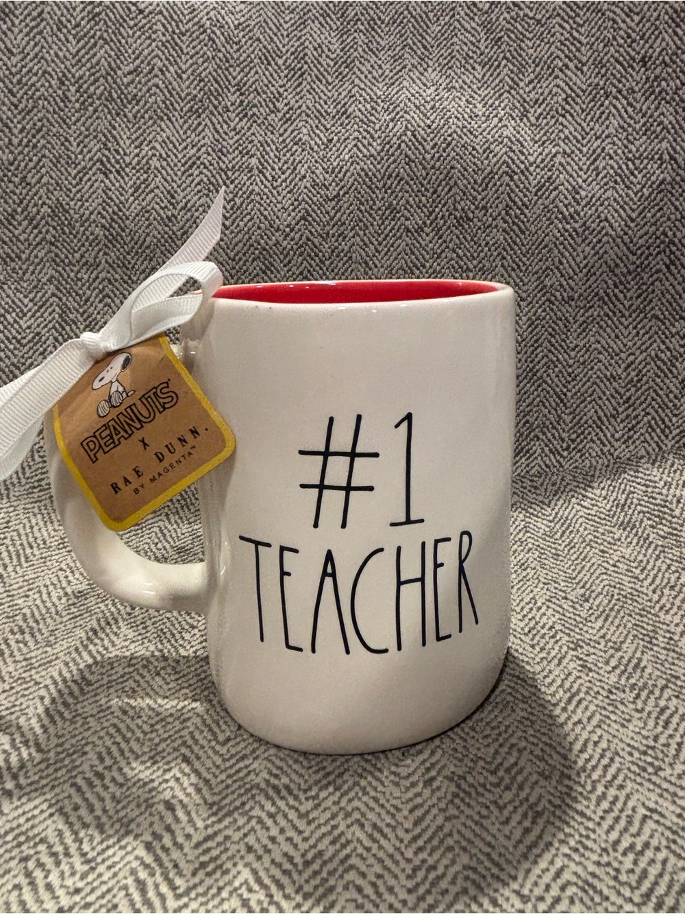 Rae Dunn #1 Teacher Snoopy White Mug with Red Interior